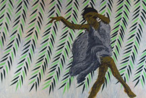 舞者的图案，一排排的绿叶作为背景