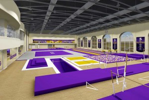 LSU学生娱乐中心装修:带有紫色垫子的健身房空间